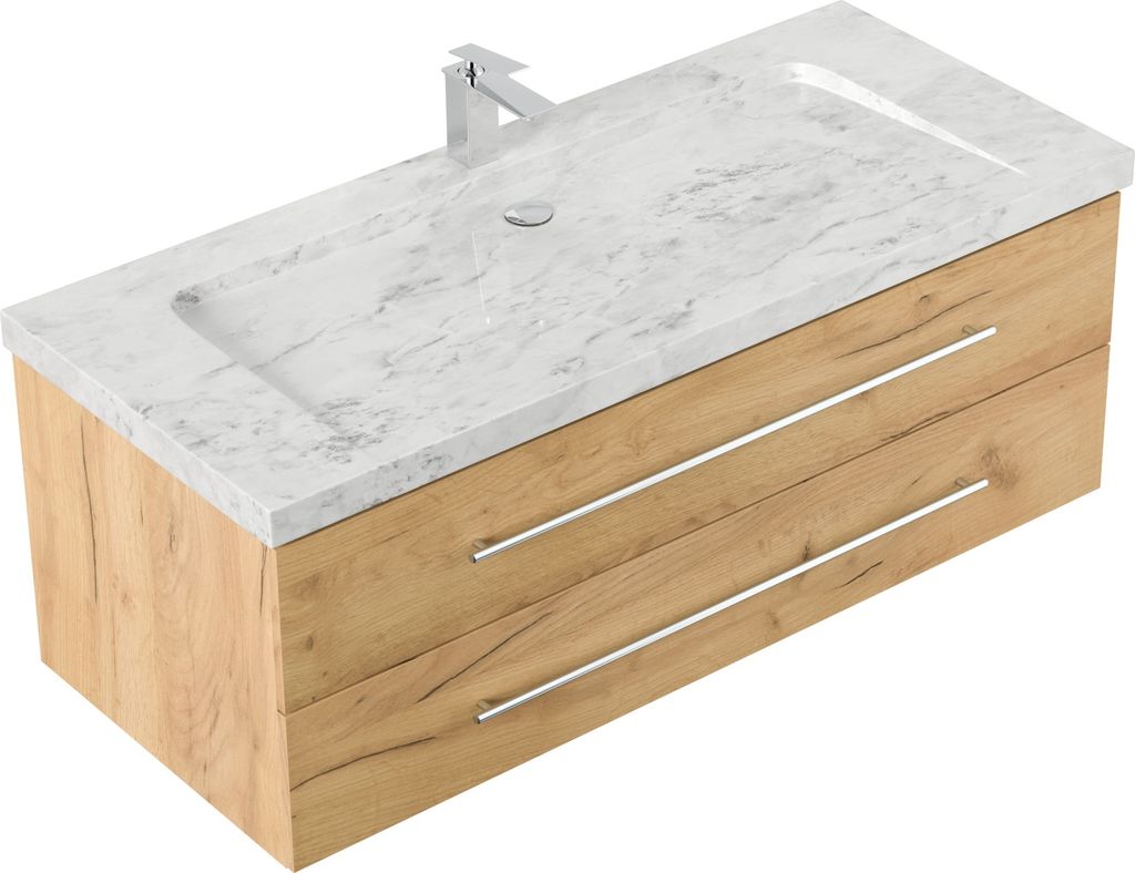 Badmöbel Marmor Carrara White Damo 130 cm 1 Hahnloch SoftClose eiche gold : Eiche Gold Varianten: Eiche Gold