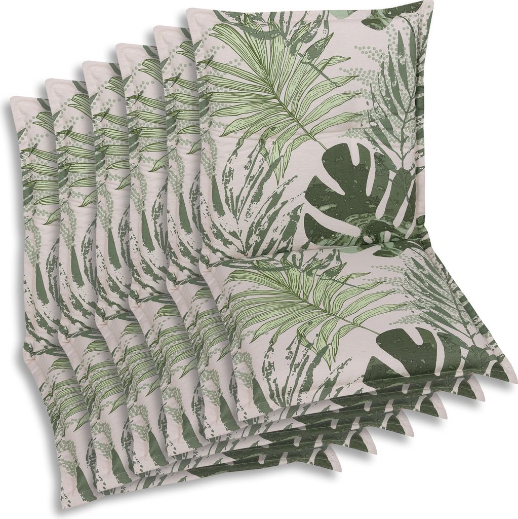 A stack of chair cushions with a tropical leaf pattern.
