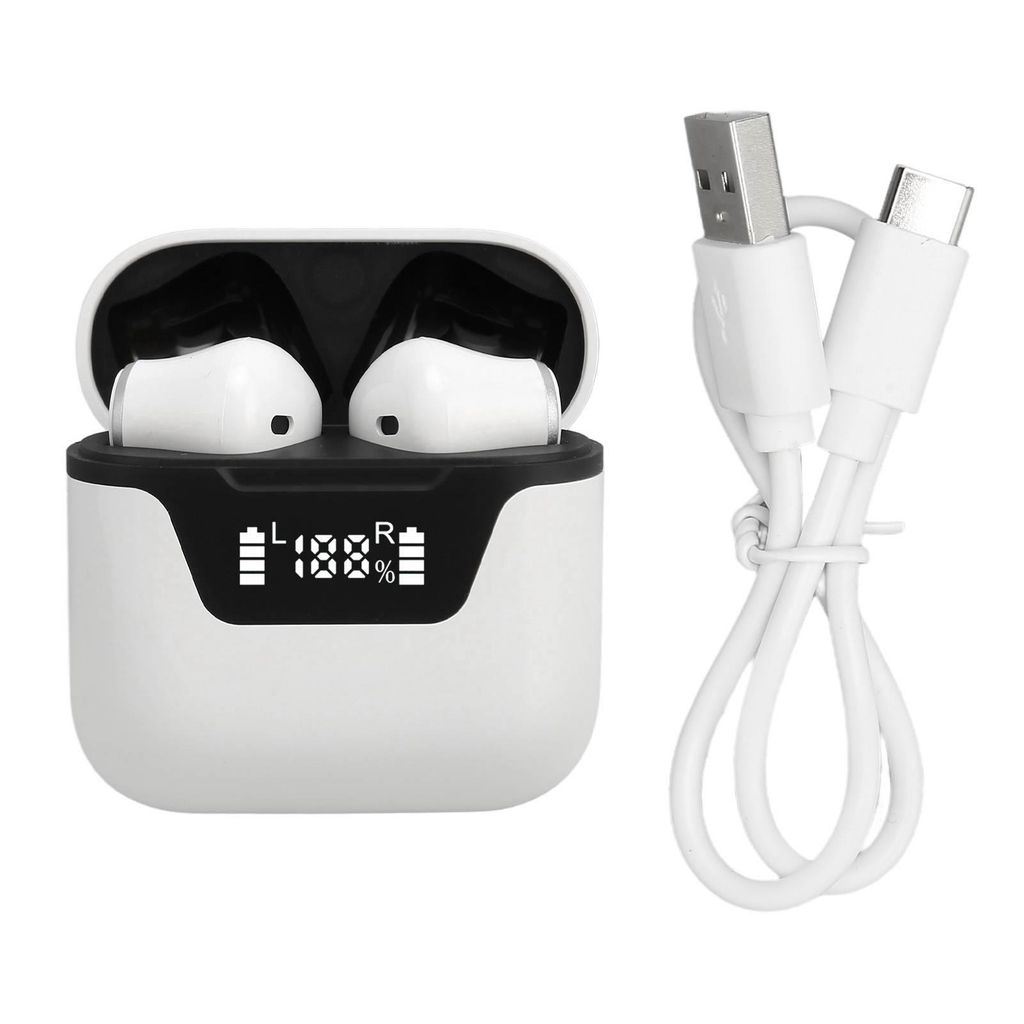 A pair of white wireless earbuds in their charging case, with a USB-C charging cable next to them.
