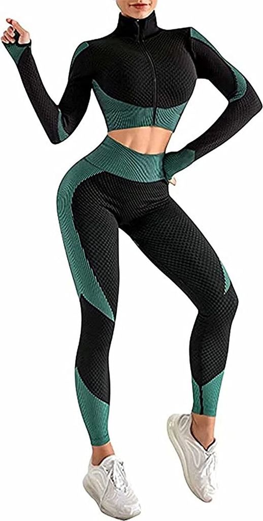 ASKSA Damen Yoga Sportanzüge Langarm Crop Top + Leggings 2 Stücke Bekleidungs Sets Jogginganzug, Dunkelgrün, M