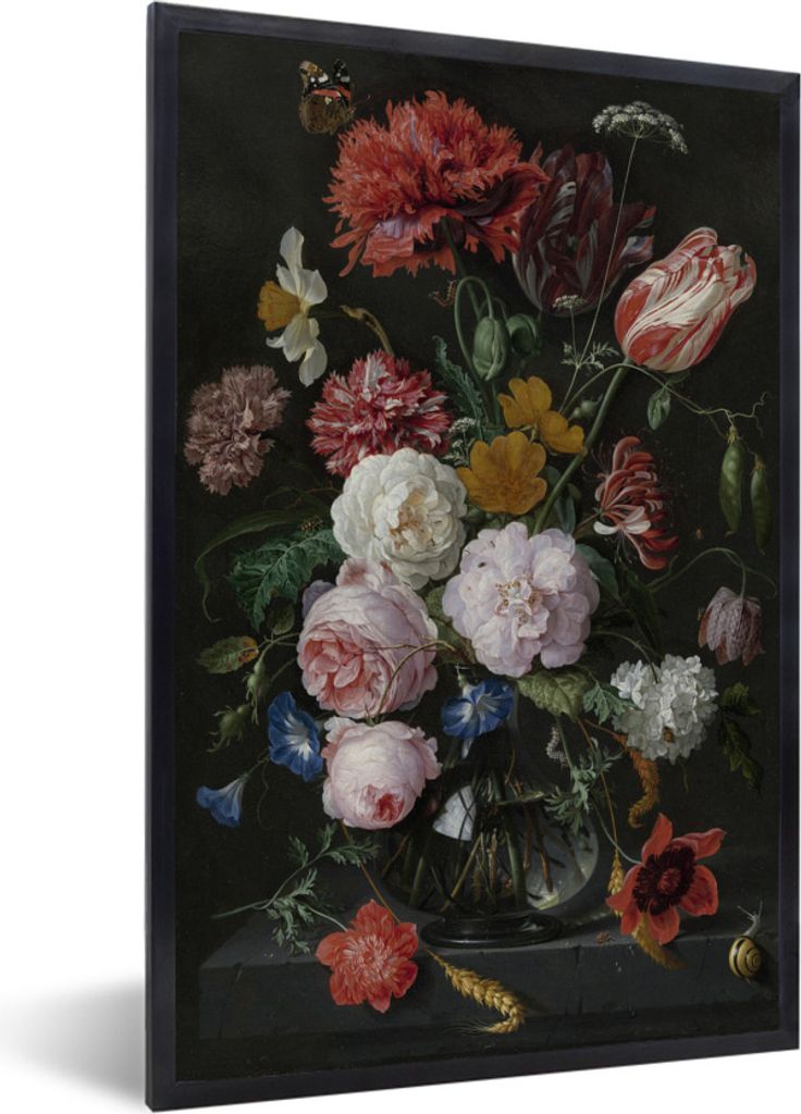 MuchoWow Gerahmtes Poster Stilleben mit Blumen in einer Glasvase - Gemälde von Jan Davidsz. de Heem 60x90 cm - Poster mit Schwarzem Bilderrahmen...