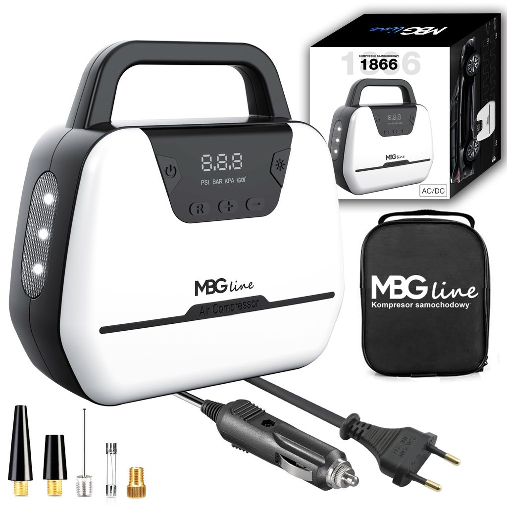 MBG Line 1866 Luftkompressor Auto, Kompressor 12V/230V, Autopumpe mit digitaler Anzeige, LED-Licht und Adapter-Set, Luftpumpe für Auto, Motorrad, ...