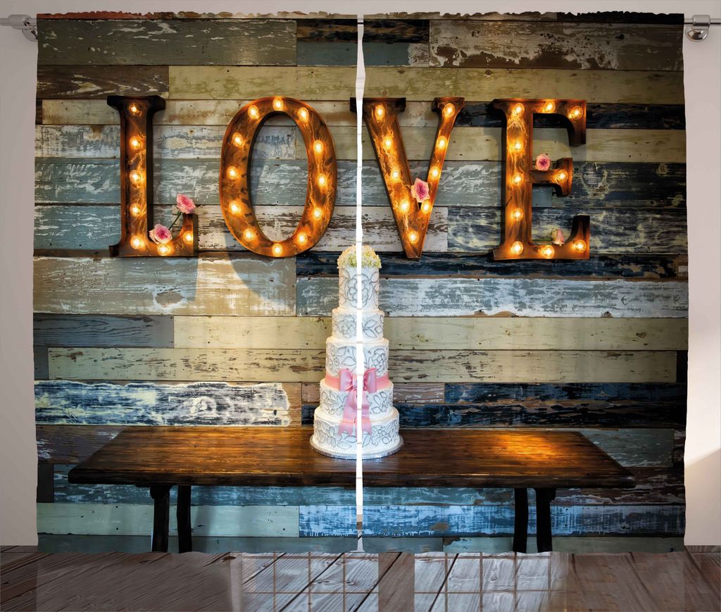 ABAKUHAUS Braun Rustikaler Gardine, Wedding Cake Liebe Holz, Schlafzimmer Kräuselband Vorhang mit Schlaufen und Haken, 280 x 175 cm, Mehrfarbig