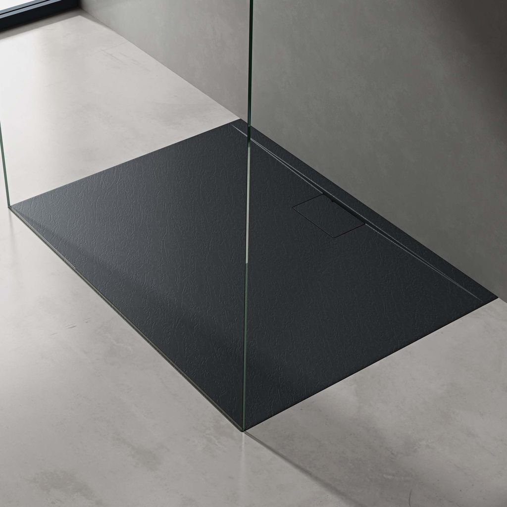 doporro Duschtasse Duschwanne 90x120x3 flach Mineralguss in Anthrazit DIN-Anschlüsse für bodengleiche Montage geeignet Geoma07
