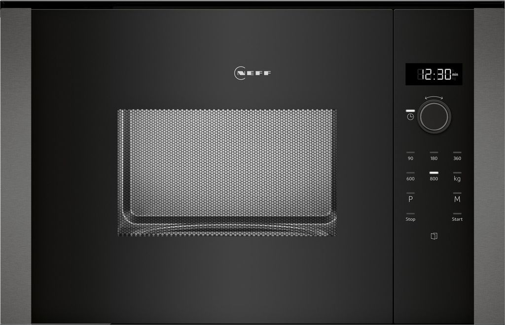 A close-up front view of a black Neff microwave oven.