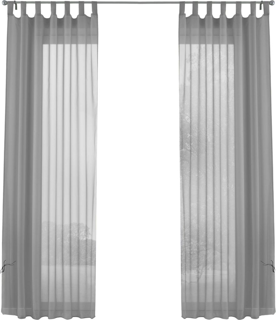 Two sheer curtains hanging on a curtain rod, with a blurred background suggesting a window view.