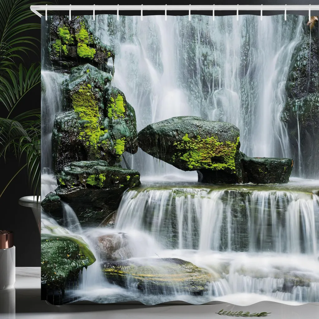 Tenda Da Doccia Con Paesaggio Cascata 183x183 Cm – Verde Giungla, Alberi E Rocce, Tessuto In Poliestere Impermeabile, Con 12 Ganci, Per Bagno Stile Naturale