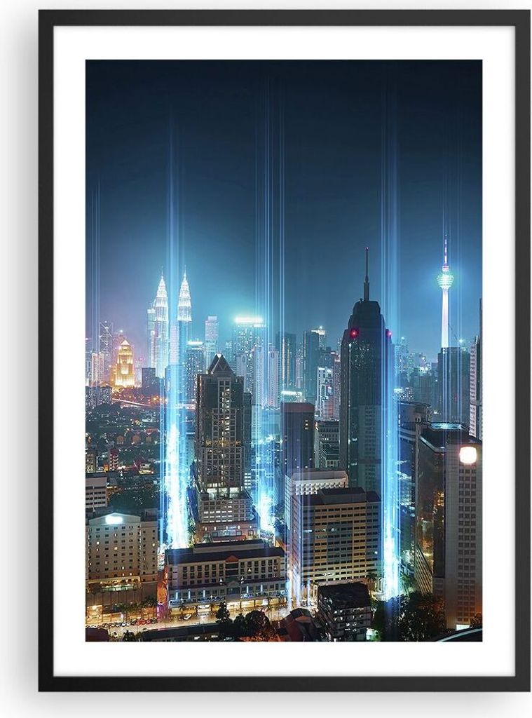 Gerahmtes Poster - Schwarzer Rahmen - Stadt Nacht Straße - 50x70 cm - Wand Bild - Wanddeko - Wandbilder - Kunstposter - Wandposter - Bilderrahmen ...