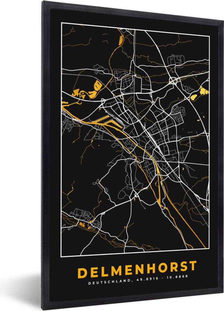 MuchoWow Gerahmtes Poster Karte - Delmenhorst - Gold - Stadtplan - Deutschland 20x30 cm - Poster mit Schwarzem Bilderrahmen Wandposter Rahmen Fot...