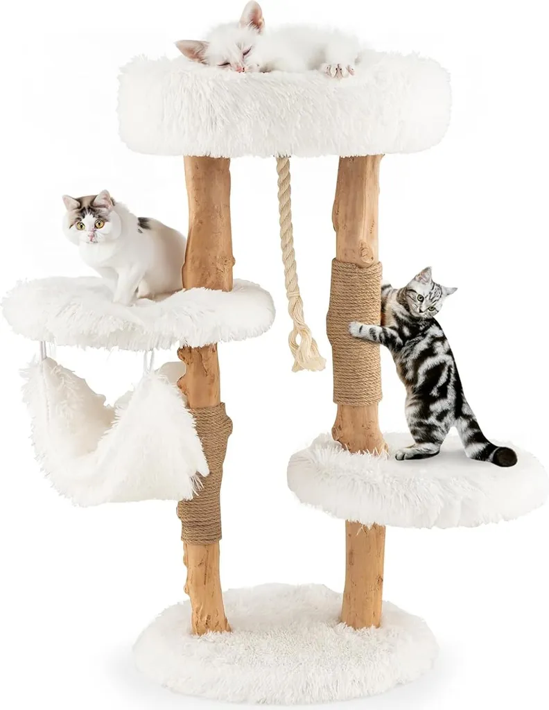 Arbre à Chat Design 87cm : Bois Durable, Hamac Moelleux et Corde en Jute