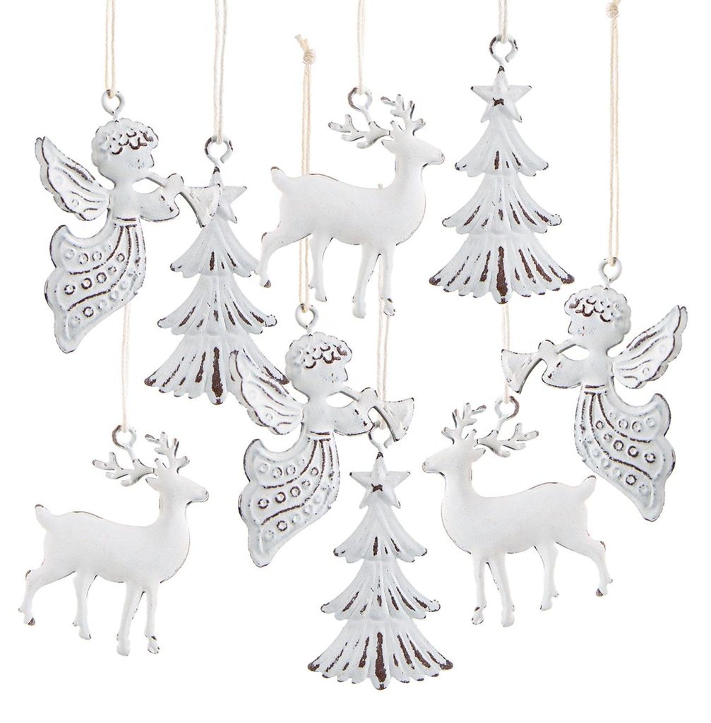9 Metall Weihnachtsanhänger Baum + Hirsch + Engel - weiß Shabby chic