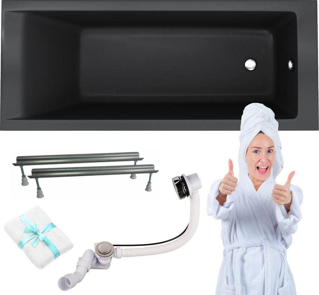Aqua For You | Kronos Slim Badewanne - 150x70cm - Antibakterielle Beschichtung - Einfach Zu Reinigen - Schwarz Matt