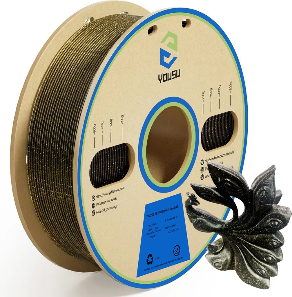 Bobine de Filament PLA 1.75mm Noir Pailleté pour Imprimante 3D FDM 1kg