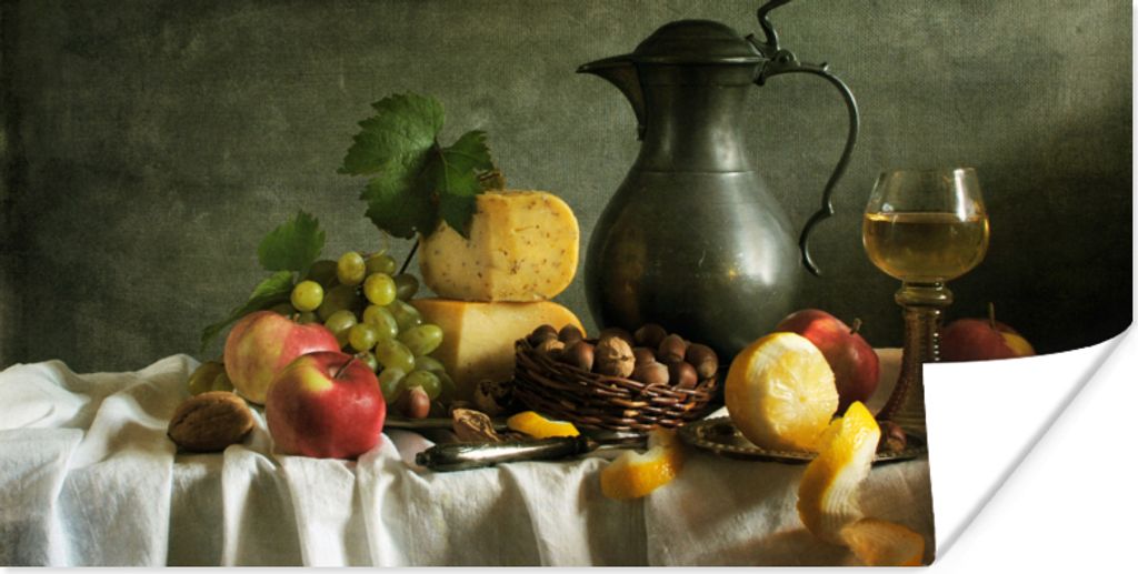 MuchoWow Poster Rustikal - Käse - Teekanne - Obst - Stilleben 160x80 cm - Foto Poster
