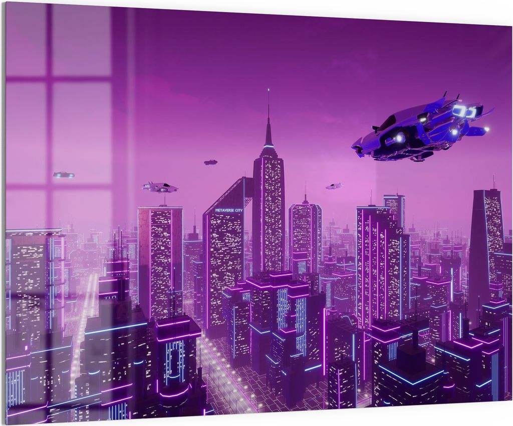 DEQORI Magnettafel Glas 120x90 cm 'Futuristische Metropole' beschreibbar Whiteboard Küche