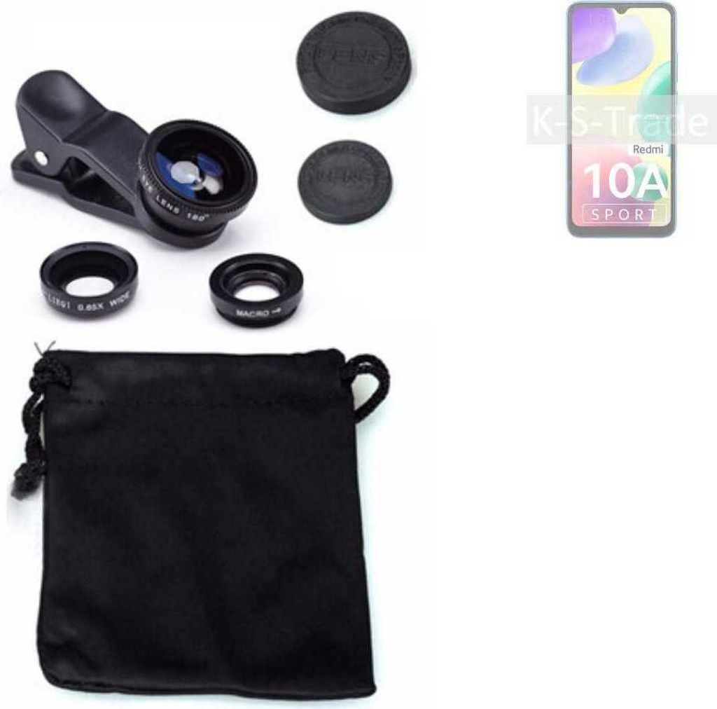 K-S-Trade Smartphone Kamera Linsen Set Kompatibel mit Xiaomi Redmi 10A Sport 3in1 Clip-On Kamera Adapter Macro Weitwinkel FishEye Fischauge Objektiv
