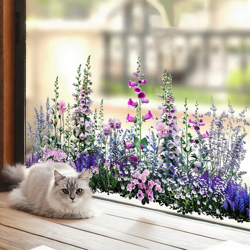 Fensterfolie - Statisch haftend im Buntglas-Stil - Vogelschutz für Glasflächen - Blumen und Schmetterlinge Motiv bunt