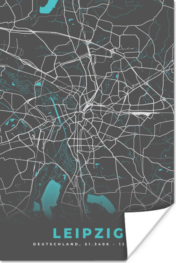 MuchoWow Poster Stadtplan - Leipzig - Deutschland - Karte 60x90 cm - Wanddekoration