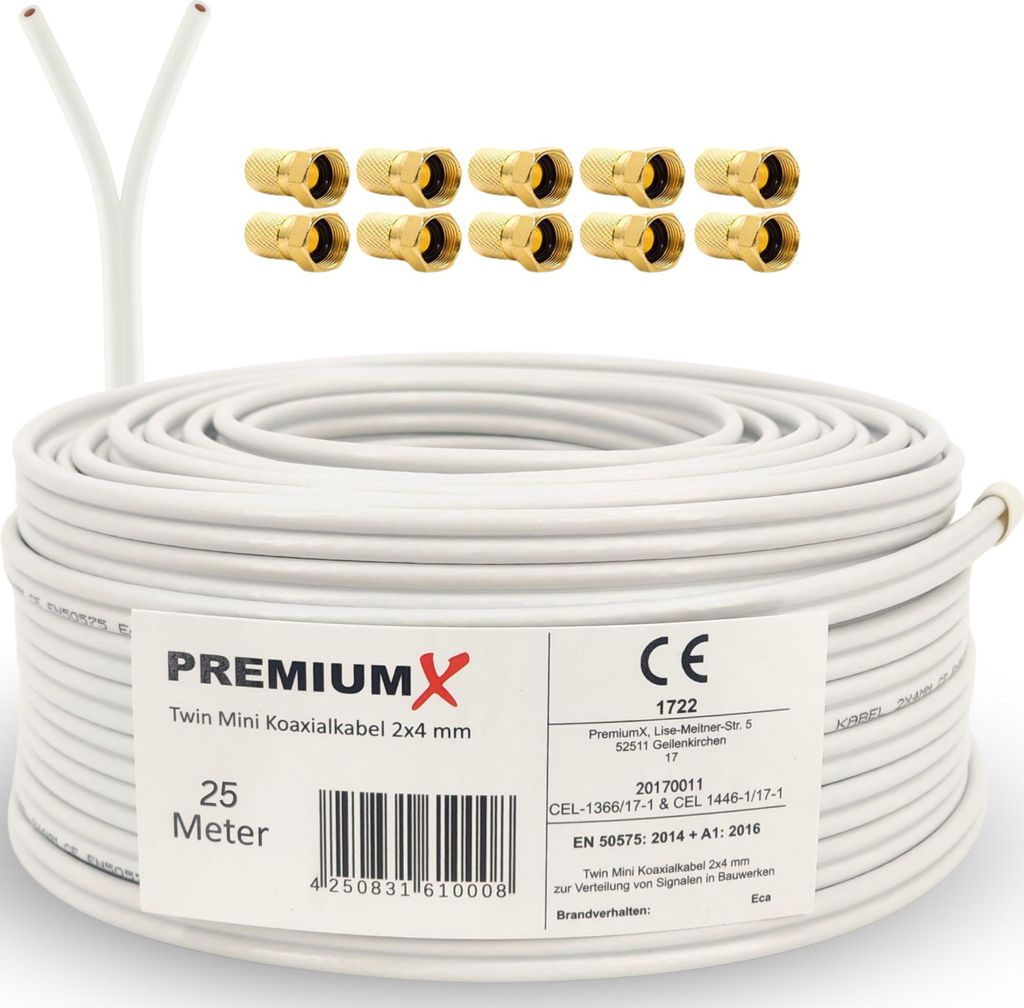 PremiumX 25m Koaxial Kabel 90dB Twin Mini 2x 4 mm weiß Produktbild 