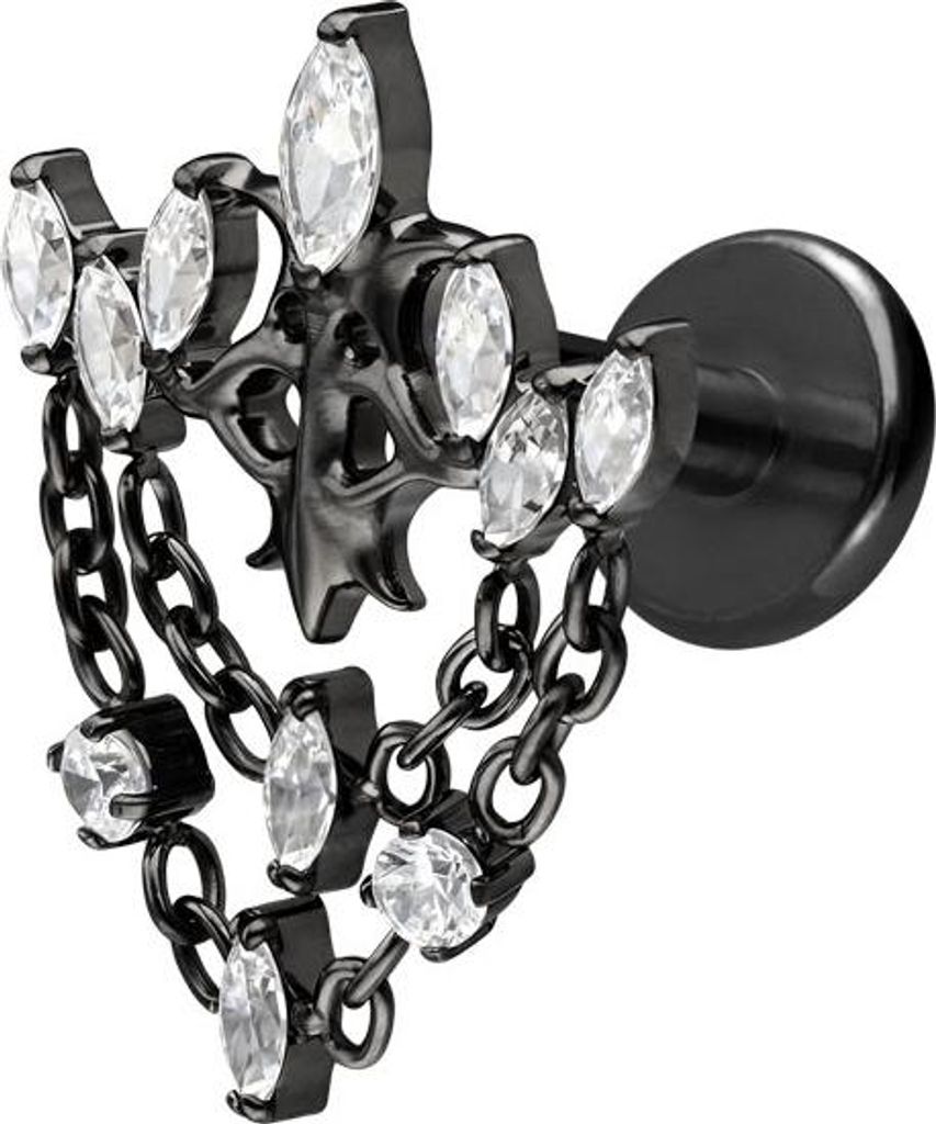 Ohrpiercing, Nasenpiercing Titan Labret mit Innengewinde GOTISCHE KRONE + KETTEN Schwarz Stablänge: 6mm | Stabstärke: 1,2mm