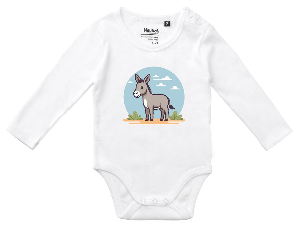 Huuraa Baby Body süßer Esel Comic 80 White Baumwolle Fairtrade Langarmbody Geschenkidee