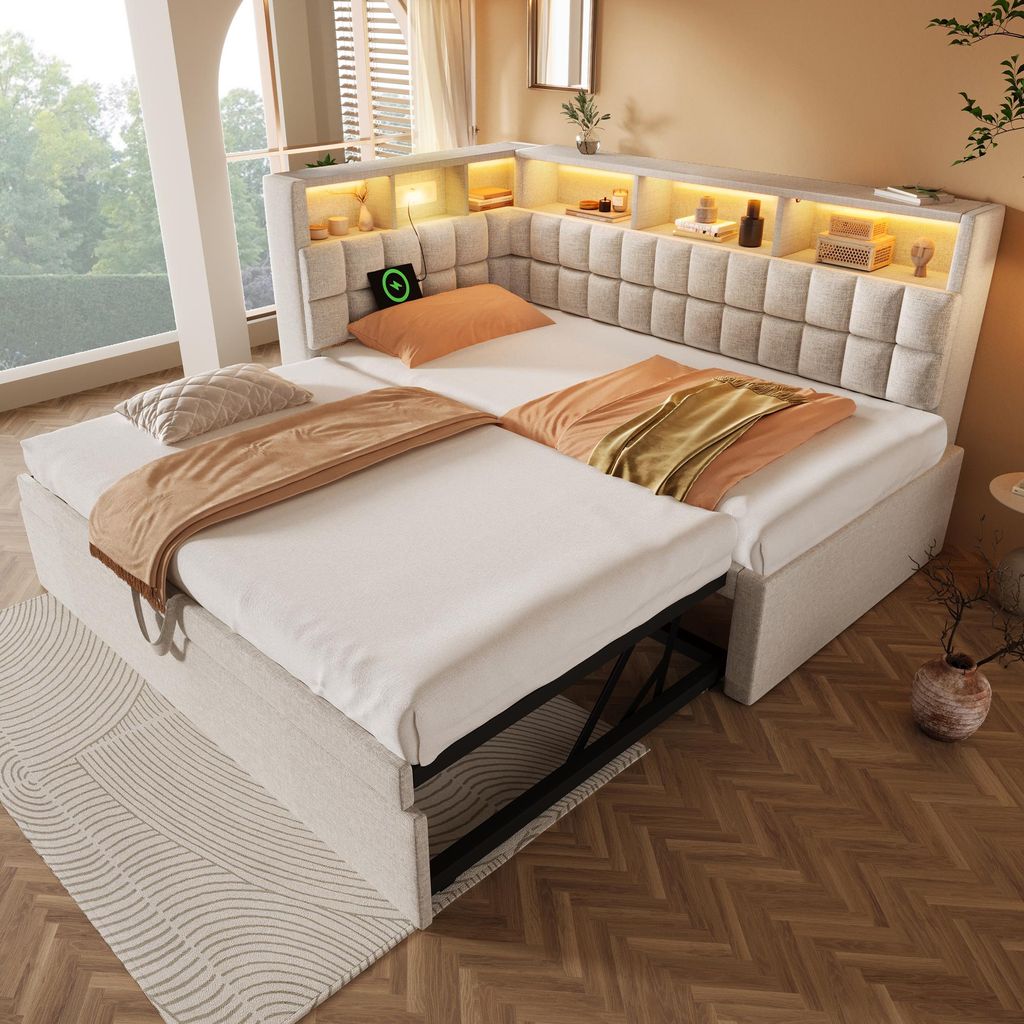 MODFU Tagesbett 90x200 mit Ausziehbett,Polsterbett mit LED-Beleuchtung und USB-Anschlüsse,Schlafsofa mit Stauraum L-Kopfteil,ohne Matratze,Beige
