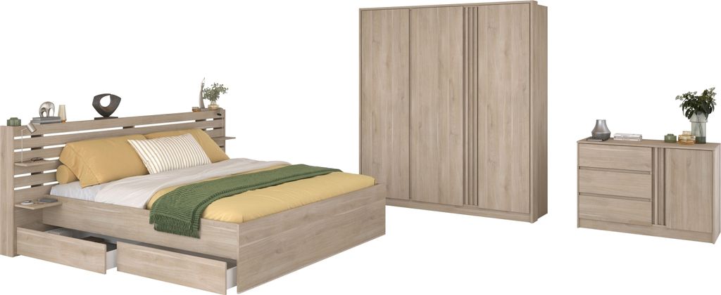 Schlafzimmer-Set >Escale 21< Bett 203x217cm, Kleiderschrank, Kommode, in Japanische Eiche Nachbildung