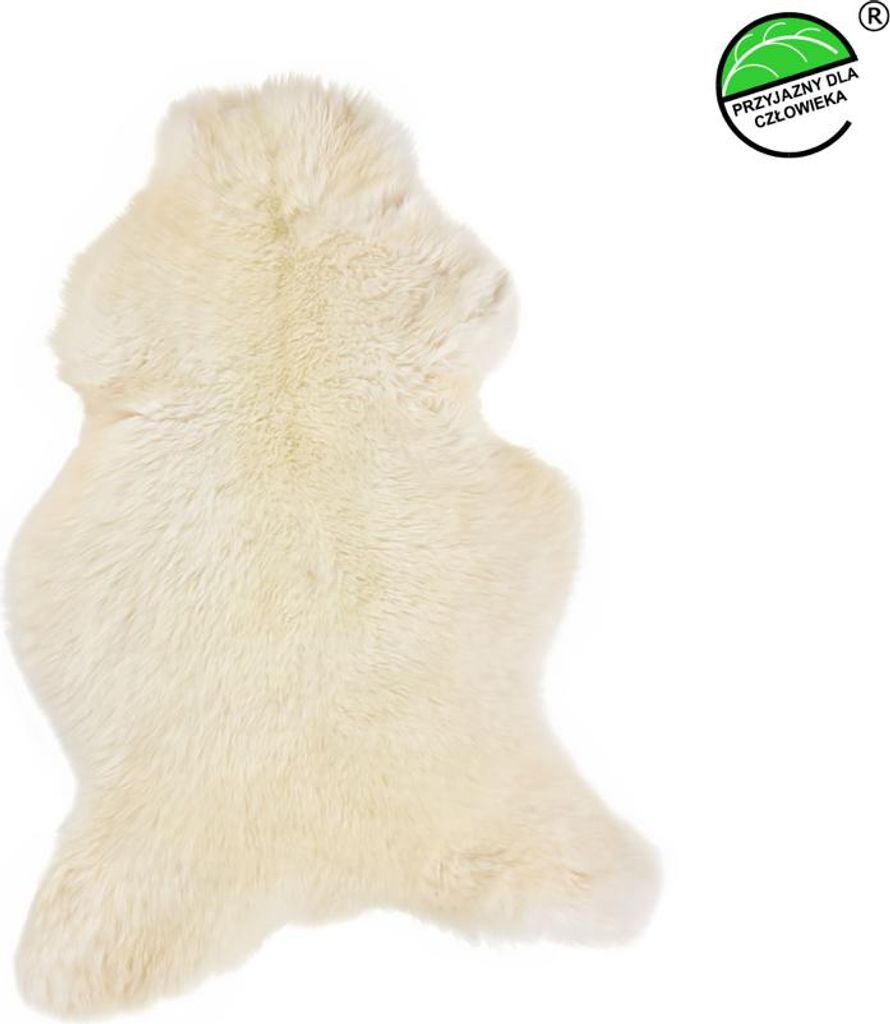 A single sheepskin rug is displayed against a white background.