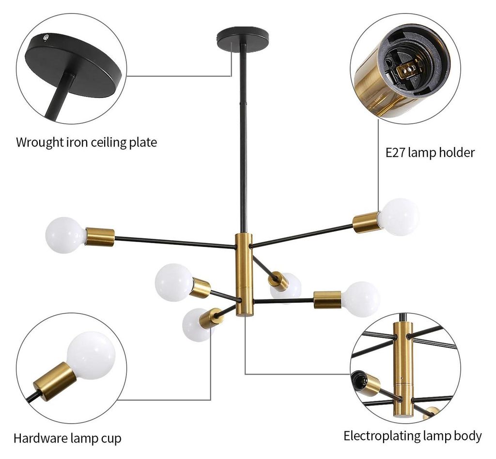 Pendelleuchte - 6‐flammige Deckenlampe - E27 Fassung - Ohne Leuchtmittel - Nicht Dimmbar - Vintage Stil - Schwarz