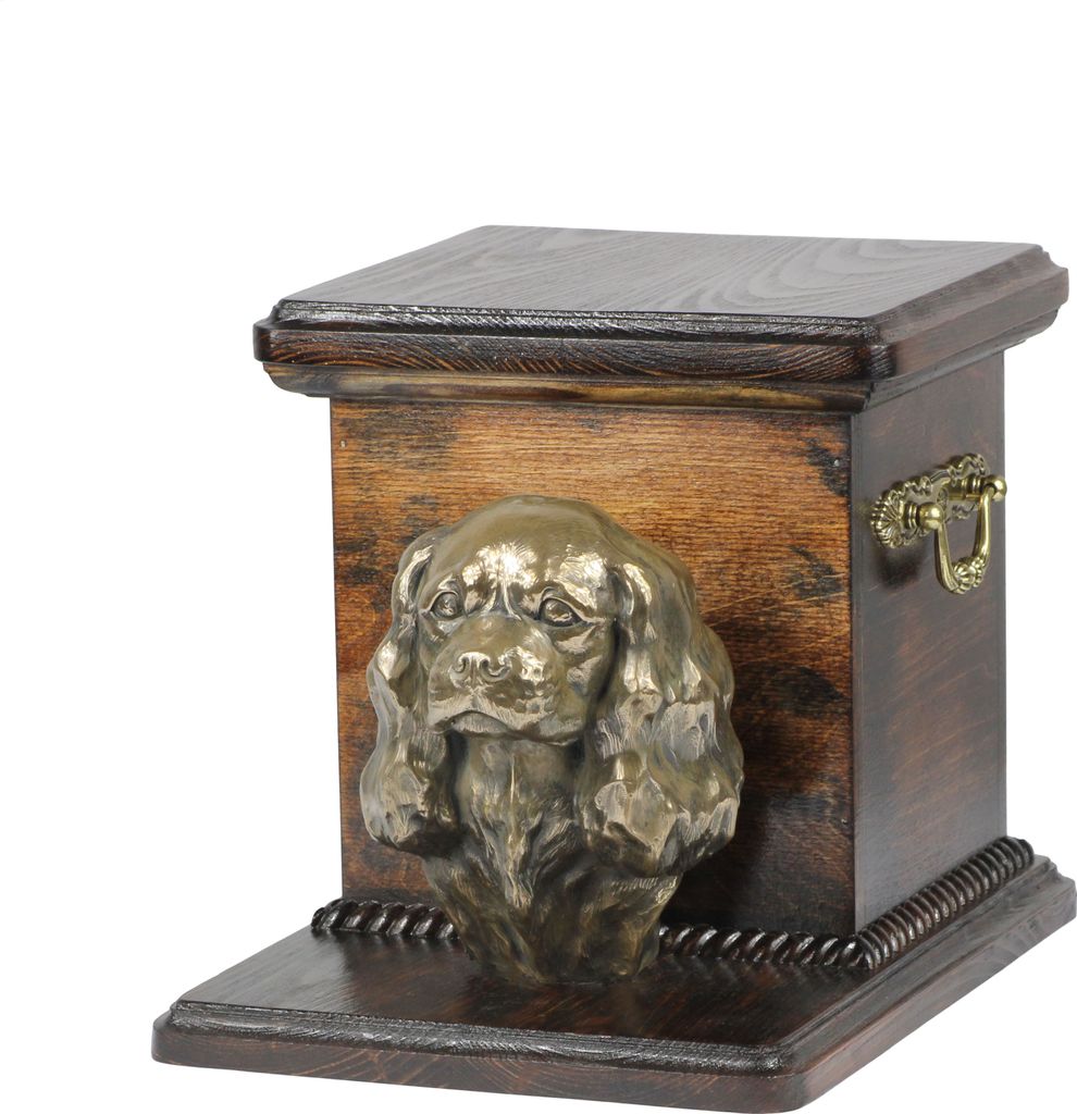 Cavalier King Charles Spaniel - Eine Urne für die Asche eines Hundes mit einer Statuette, eine elegante Urne für einen Hund, eine außergewöhnli...