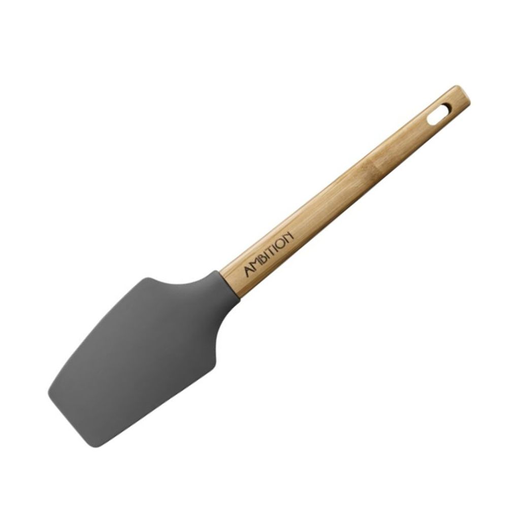 A single kitchen spatula with a gray silicone head and a wooden handle, isolated on a white background.
