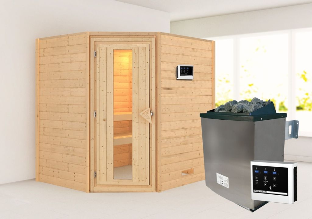 Karibu Sauna Innensauna Mia Eckeinstieg Ofen 9 KW externe Strg easy 196x169x198 cm ohne Dachkranz mit Energiespartür
