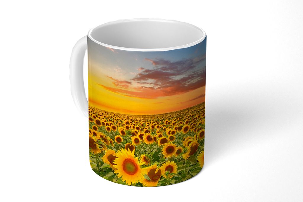 KitchenYeah Tasse Kaffeetasse Kaffeebecher 350 ml Blumen - Sonnenblume - Sonnenuntergang - Nacht - Orange Teetasse - Fototasse - Becher - Keramik...