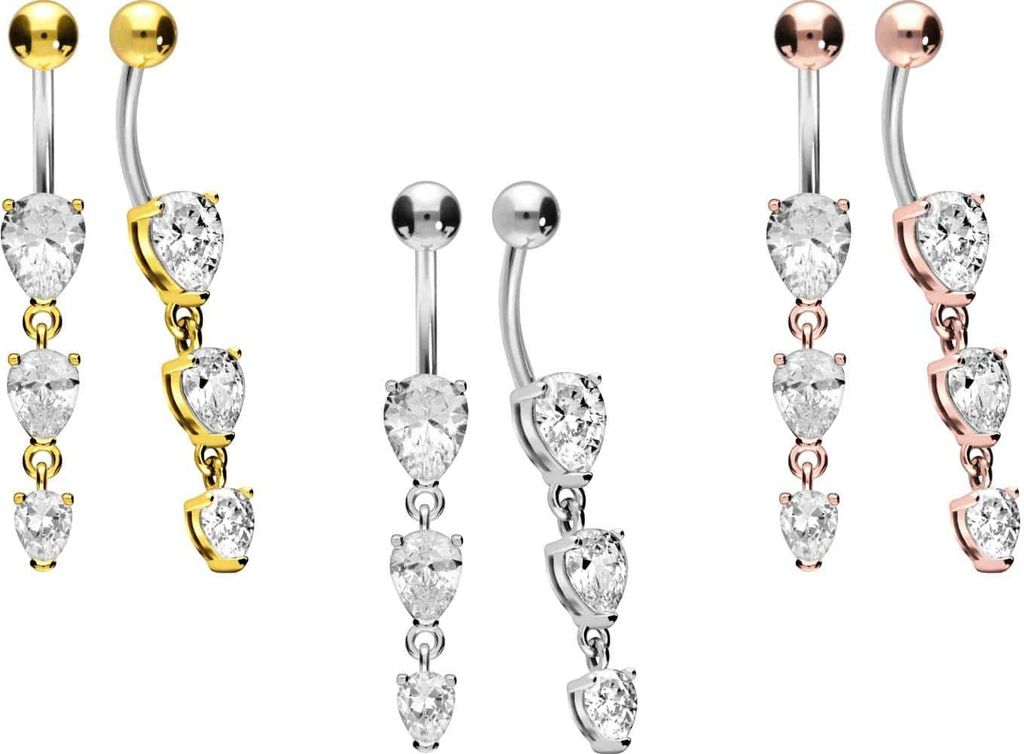 Bauchnabelpiercing Titan Bananabell mit 925er Silber-Design 3 KRISTALLTROPFEN