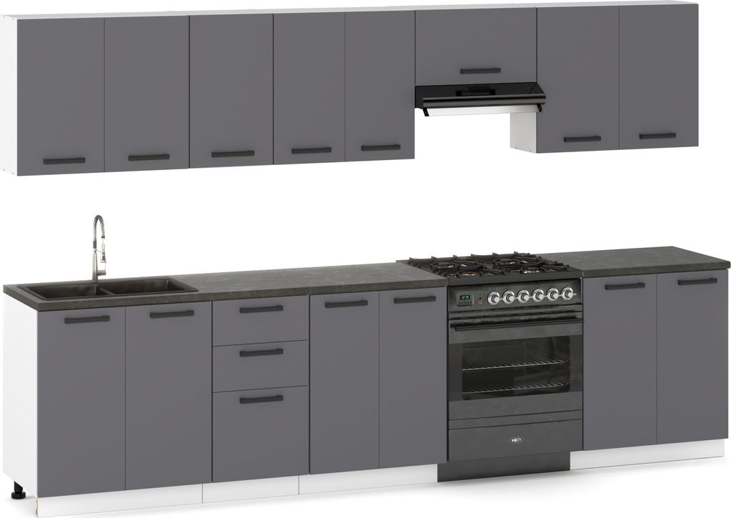 A modern kitchen unit with upper cabinets, a sink, a stove, and lower cabinets.
