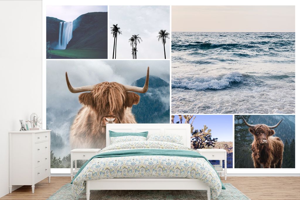 MuchoWow Fototapete für Wohnzimmer oder Schlafzimmer Wandtapete Vinyl Motivtapete Schottischer Highlander - Collage - Wasserfall - Palme - 420x2...