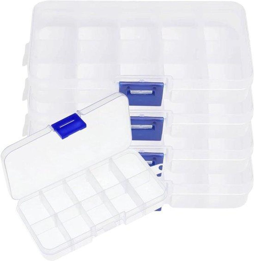 Plastik Organizer Box 10 Fächer - Set von 4 - Verstellbare Fächer für Schmuck und Ersatzteile - Ohrstecker Organizer Box - Zubehör Aufbewahrung