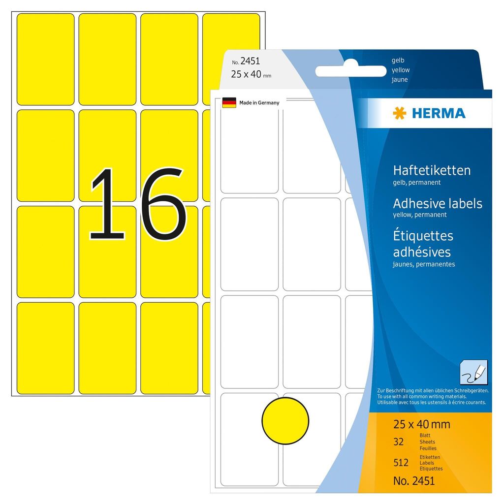 HERMA Vielzweck Etiketten 25 x 40 mm gelb 512 Etiketten