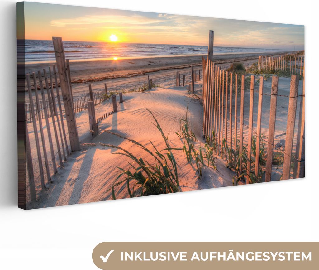 MuchoWow - Leinwandbilder - Strand - Meer - Düne - Sonnenuntergang - Landschaft, Wandbild, Wanddeko Bilder Wohnzimmer, 80x40 cm