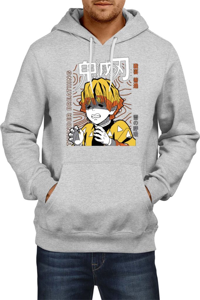 Herren Kapuzenpullover Demon Anime Slayer Zenitsu Agatsuma 002, Man XL / Grau