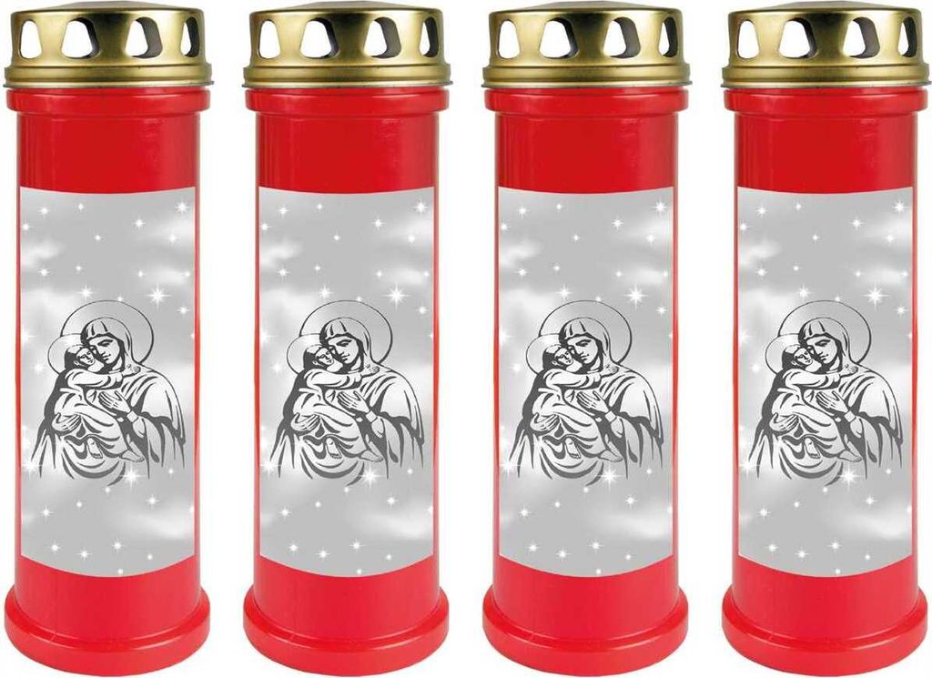 Grabkerze Rot 4er Pack, Brenndauer: 100 Stunden ( je Kerze ), Motiv: Maria