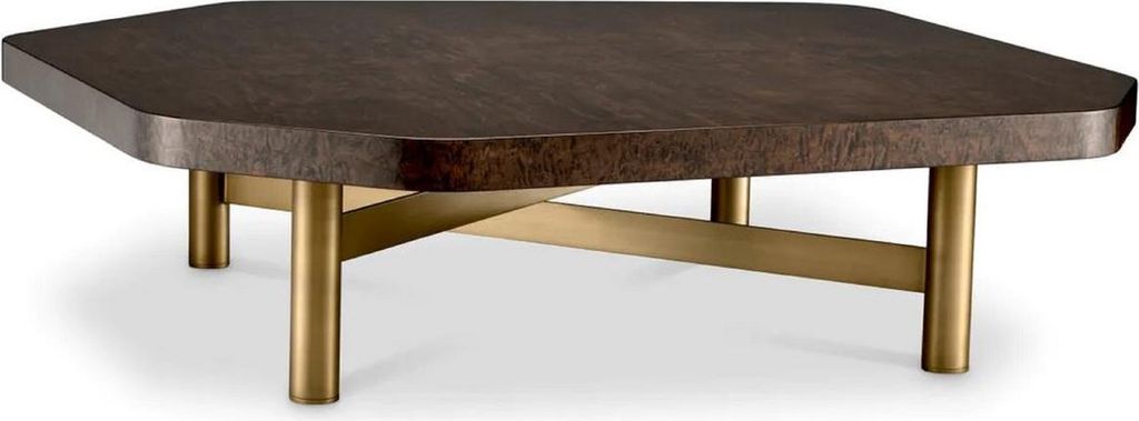 Casa Padrino Luxus Couchtisch Hochglanz Braun / Messing 120,5 x 120,5 x H. 30,5 cm - Wohnzimmertisch mit Massivholz Tischplatte - Wohnzimmer Möbel...