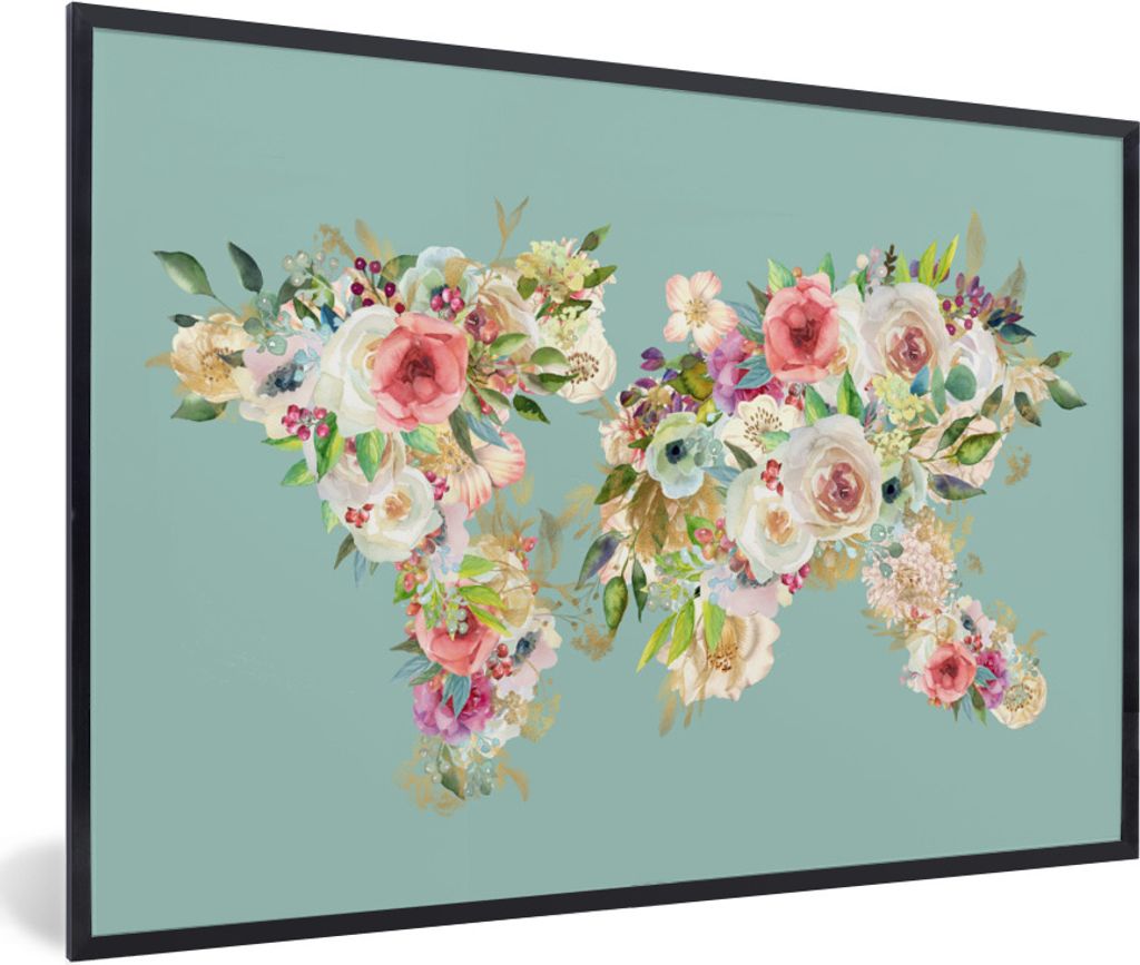 MuchoWow Gerahmtes Poster Karte - Welt - Blumen - Pflanzen 60x40 cm - Poster mit Schwarzem Bilderrahmen Wandposter Rahmen Foto Bilder - Printing ...