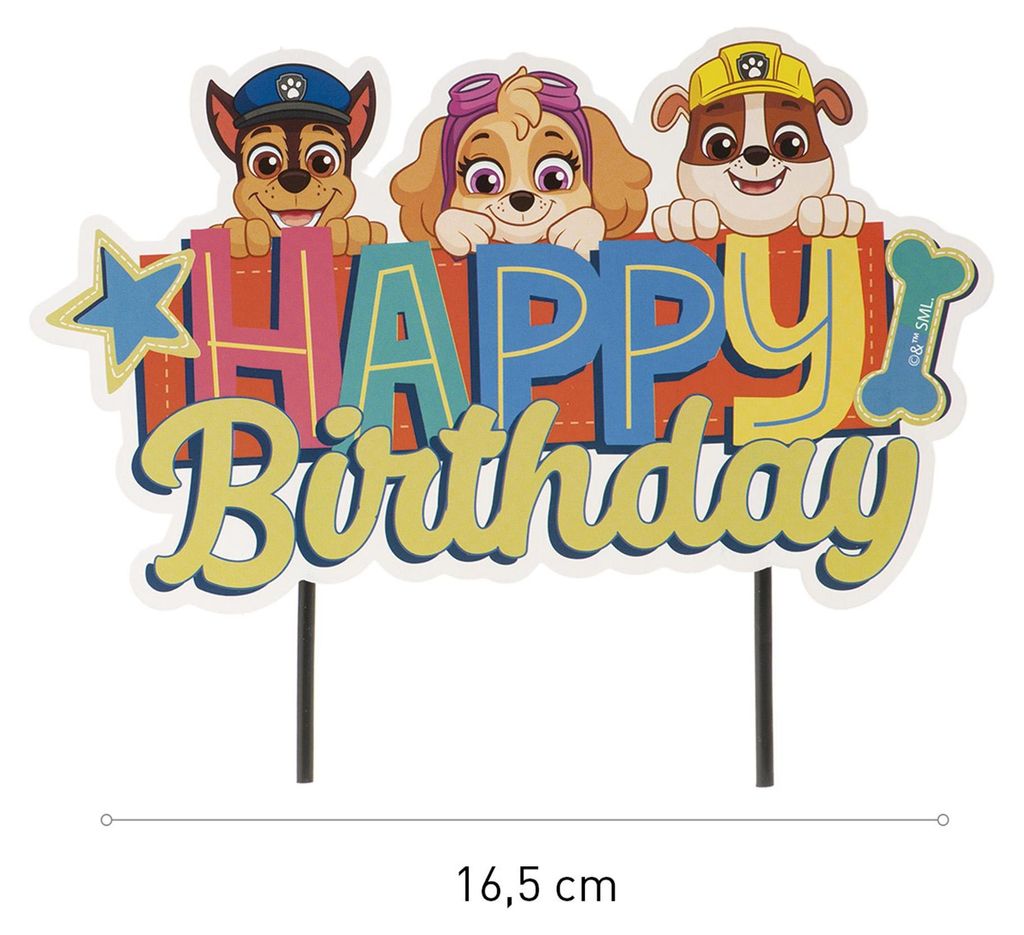 Paw Patrol taartdecoratie "Fijne Verjaardag", 17,5 x 15 cm. Productafbeelding 