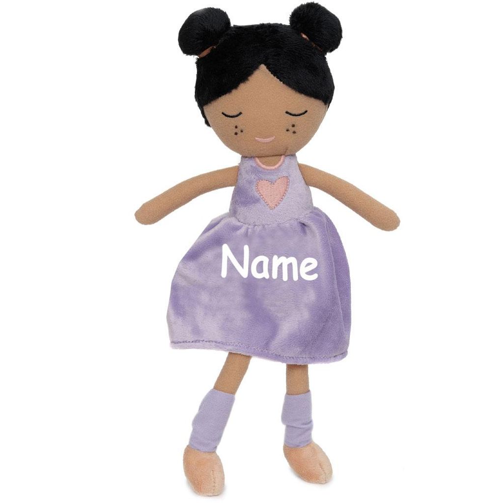 Stoffpuppe mit Name personalisiert weiche Kuschelpuppe zum Spielen mit aufgesticktem Gesicht Kleid lila
