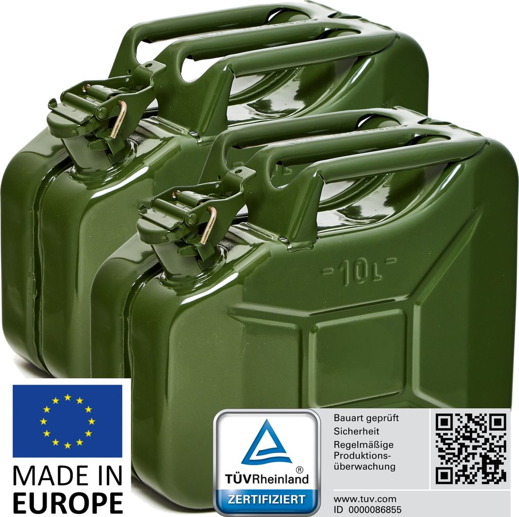 BW Kraftstoffkanister Metall Benzinkanister 2x 10 Liter - Olivegrün RAL 6003 - UN-Zulassung - Hergestellt in Europa