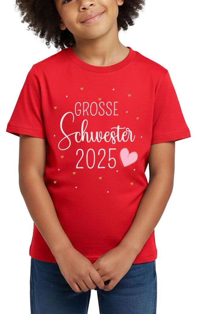 Spreadshirt Große Schwester 2025 Mit Herzchen Kinder T-Shirt, 122/128 (7-8 Jahre), Rot