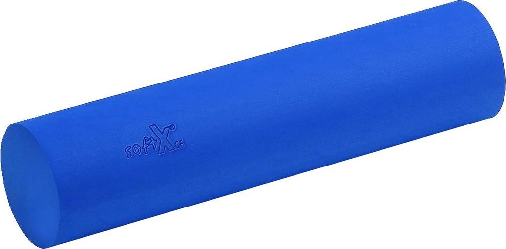 A blue foam roller with a logo embossed on it, set against a white background.