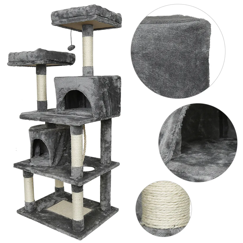 Arbre à chat stable 145 cm gris, design multi-niveaux avec hamac - 4