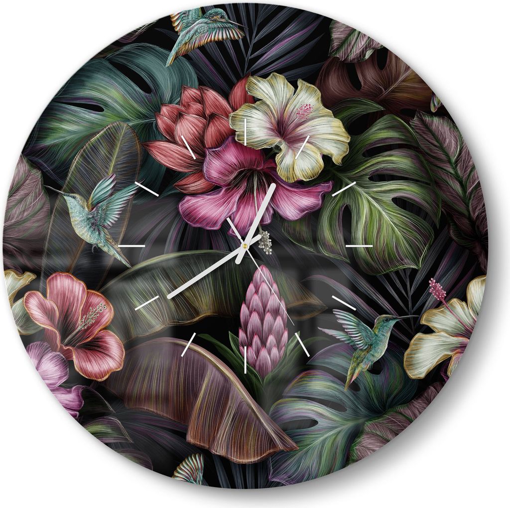 DEQORI Glasuhr Ø50 cm Modern 'Blüten, Blätter und Vögel' Wanduhr Glas Uhr Design leise